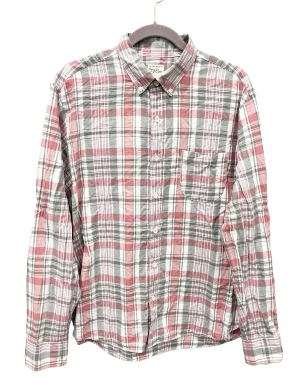 J. Crew Indian Madras Shirt Men's Large Pink Gray Plaid Woven Preppy Long Sleeve